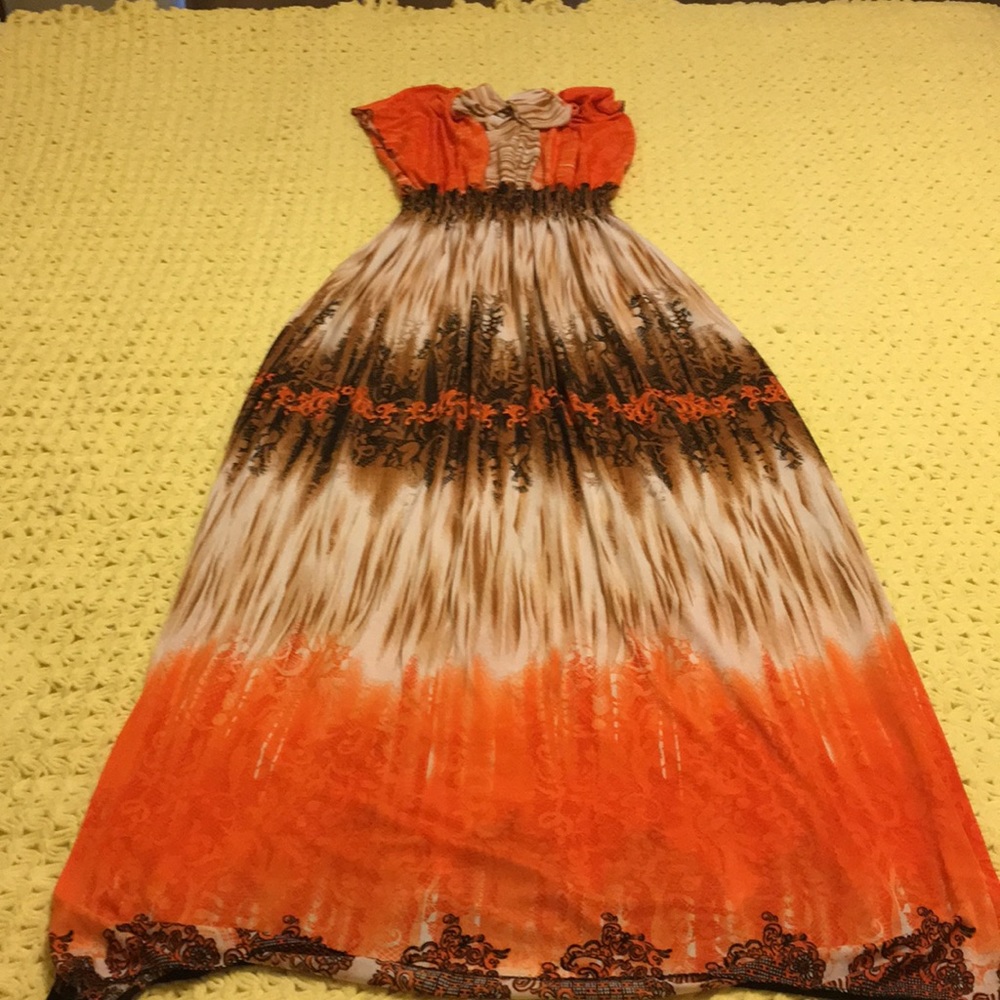 Orange and brown maxi dress.